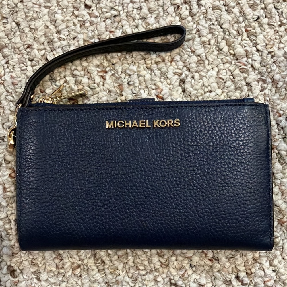 Michael Kors Women's Jet Set Travel Double Zip Leather Wallet Navy 35F7GTVW9L